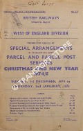 Mandatory Notice of Special Arrangements in connection with Parcel and Parcel Post Services, West of England Division, Christmas and New Year 1974/5 by British Railways (Western Region)